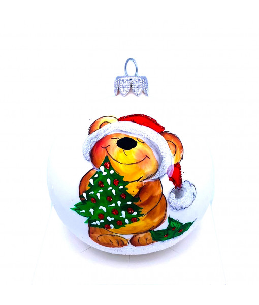 Bear with Christmas Tree Glass Ornament