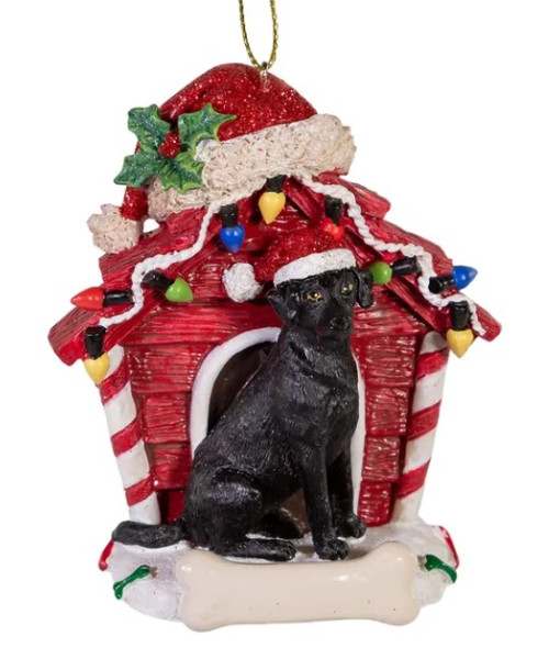 Black Labrador ornament with doghouse