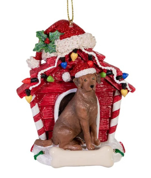 Chocolate Labrador ornament with doghouse