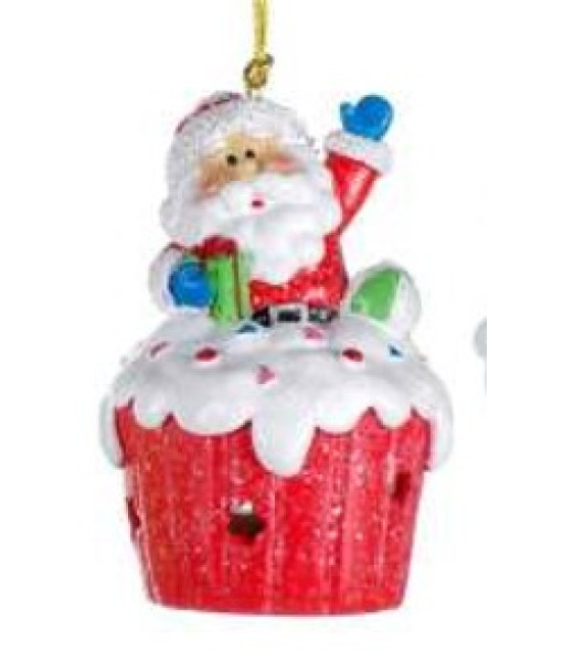 Ornament, LED lit Santa on a cupcake
