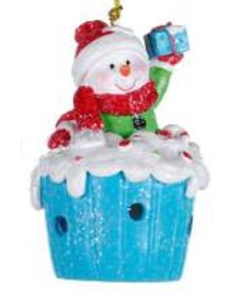 Ornament, Snowman on cupcake, LED Lit.