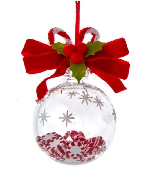 Ornament, Glass ball, contains glass peppermint candy, star motif