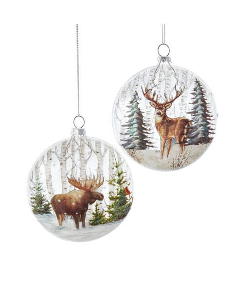 Glass Ornament, Deer in Woods, disc shaped.