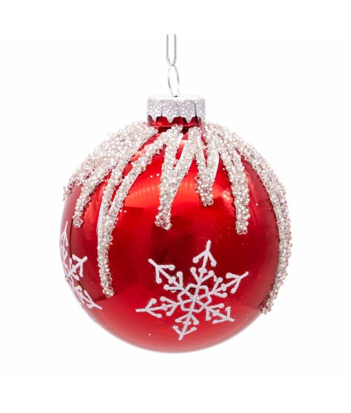 Box of 6 Red Glass Jewelled Glass Balls, Snowflake design 80mm