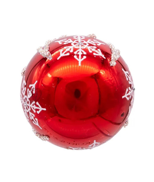 Box of 6 Red Glass Jewelled Glass Balls, Snowflake design 80mm