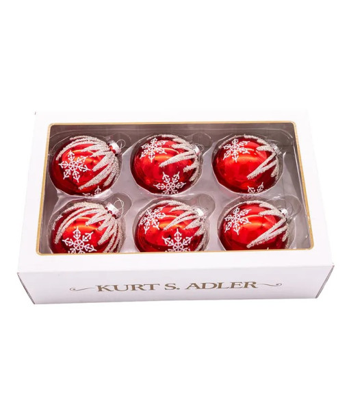 Box of 6 Red Glass Jewelled Glass Balls, Snowflake design 80mm