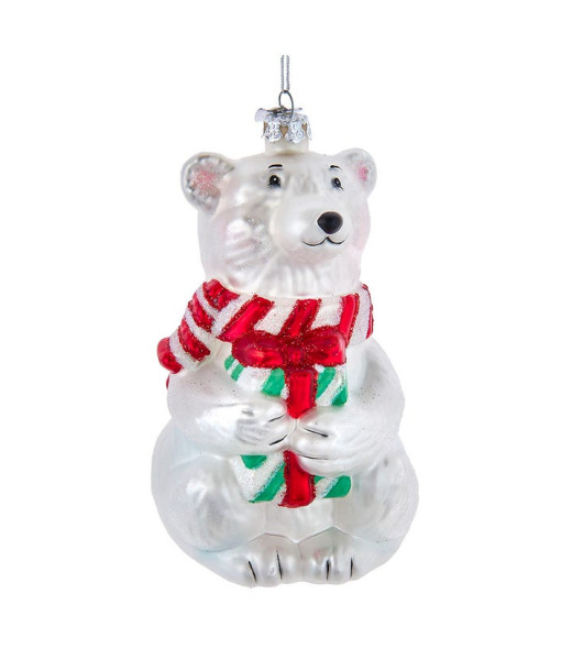Glass ornament, Polar bear with Xmas gift.