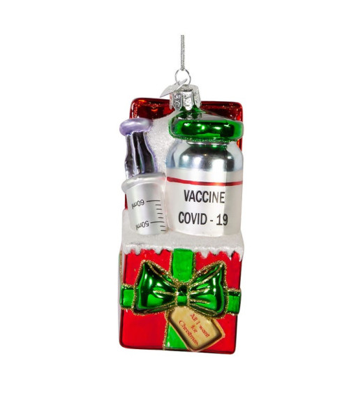 Glass ornament, COVID vaccine with syringe, gift wrapped