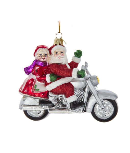 Mr and Mrs Santa on cruiser motorcycle, Glass Ornament