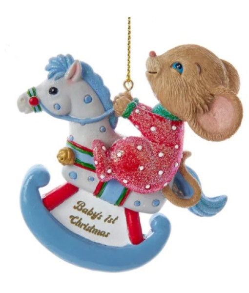 ''Baby's 1st Christmas'' Mouse on Blue Rocking Horse Ornament