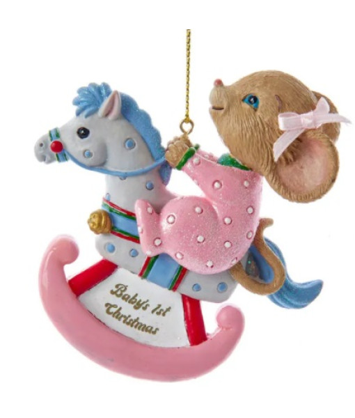 ''Baby's 1st Christmas'' mouse on pink rocking horse ornament