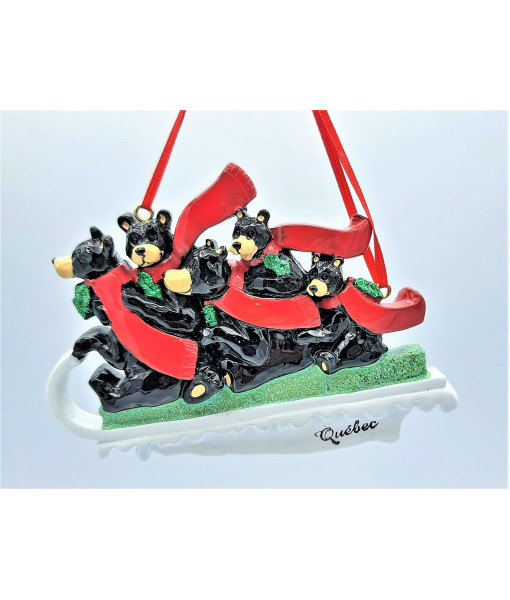 Ornament, family of 5 black bears on sled