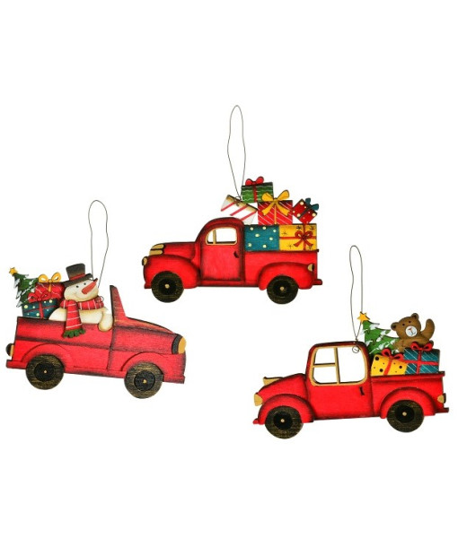 Ornement en bois, camion rouge avec bonhomme de neige