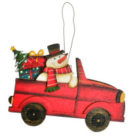 Ornement en bois, camion rouge avec bonhomme de neige
