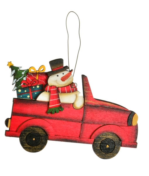 Ornement en bois, camion rouge avec bonhomme de neige