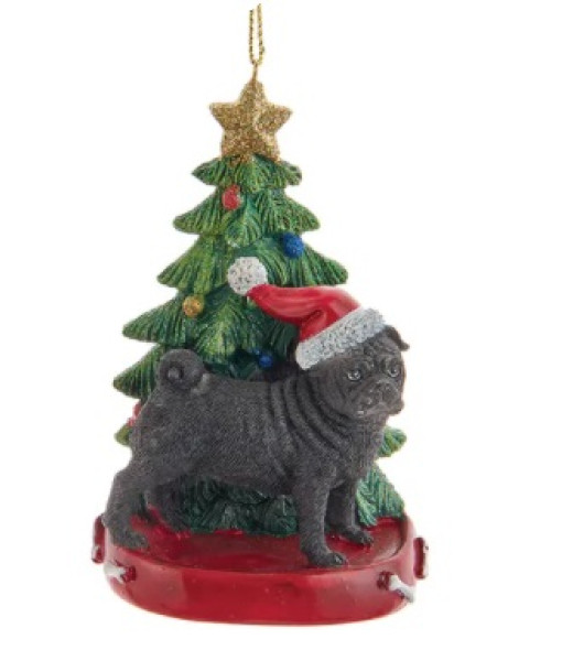 Black Pug Ornament with Christmas tree