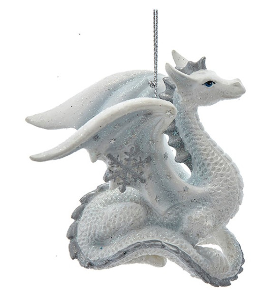 Ornament, silver and white spangled dragon, resting