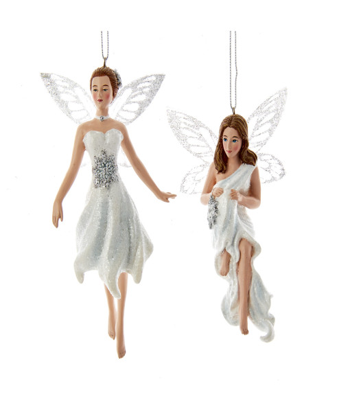 Ornament,  silver and white fairy, barefoot, with glittering wings