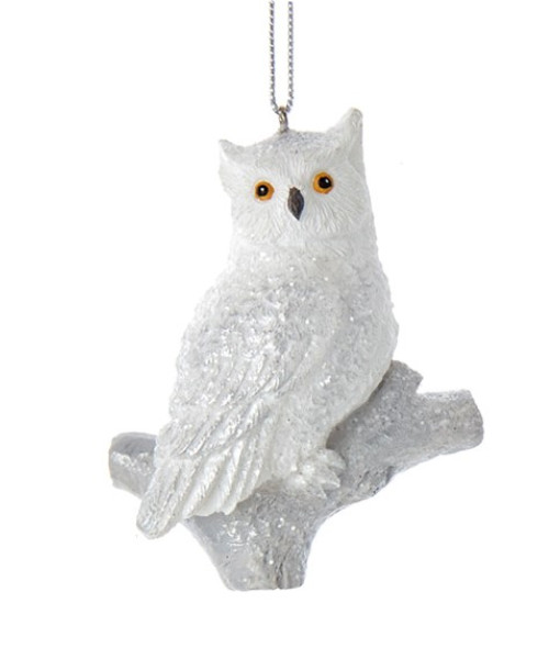 Ornament,  silver and white owl, resting on a branch