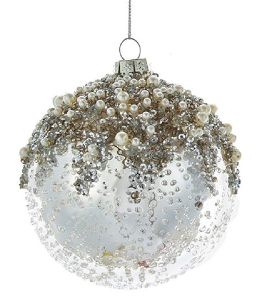 Glass ball ornament, silver and ice spangling, with fake pearls