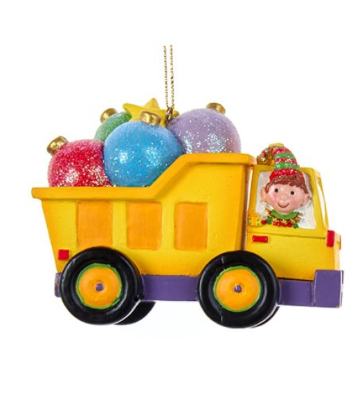 Yellow Dump truck with ornaments.