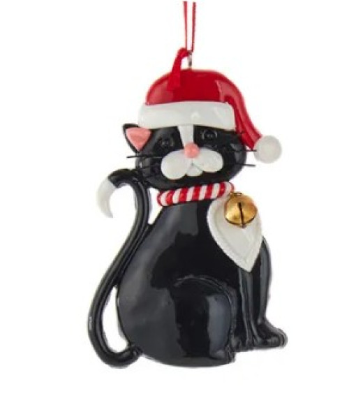 Chat à poils noirs avec bonnet de Noel et cloche