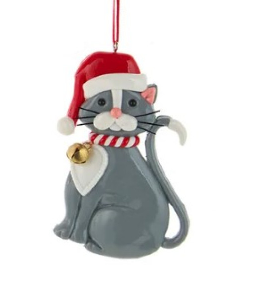 chat gris avec un chapeau de Père Noël et une cloche