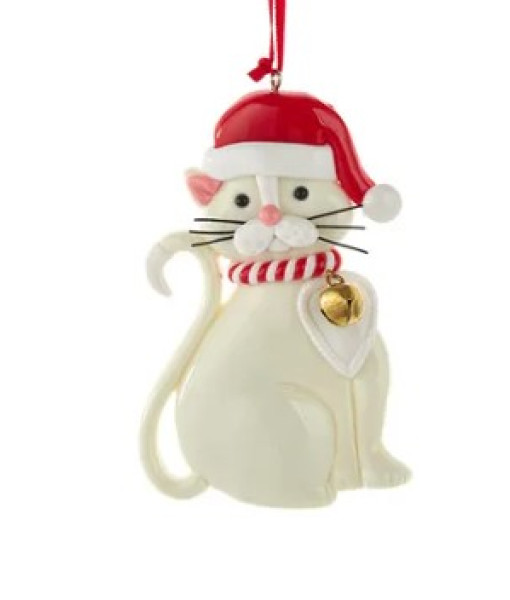 Chat blanc avec le chapeau du Père Noël et une cloche