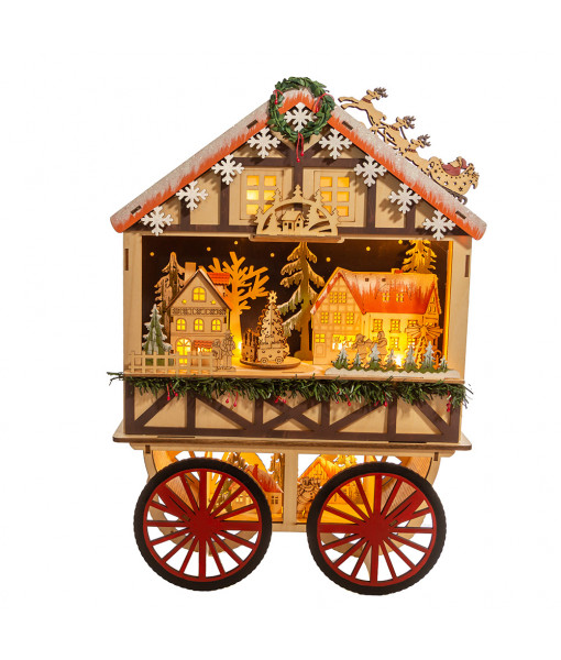 Musical Wooden Wagon with Christmas Village Scene