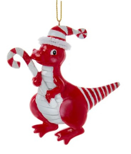 Tree Ornament, Red Dinosaur with Peppermint Cane