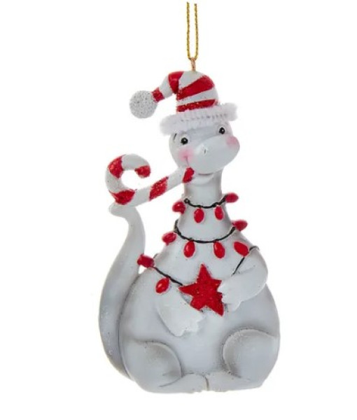 Tree Ornament, White Festive Dinosaur with Peppermint Cane