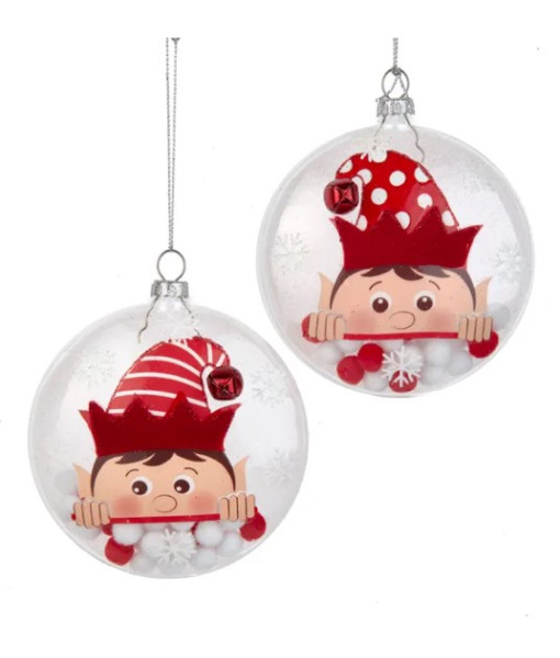 Clear glass ornament with elf motif and snow ball filling, 4
