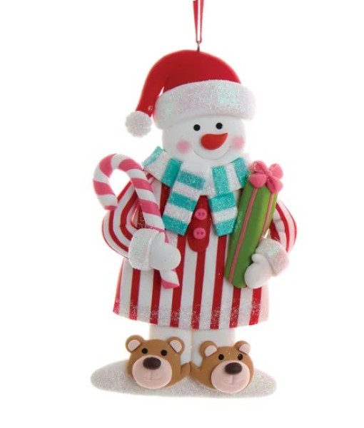 Tree ornament, Snowman in candy cane pajamas