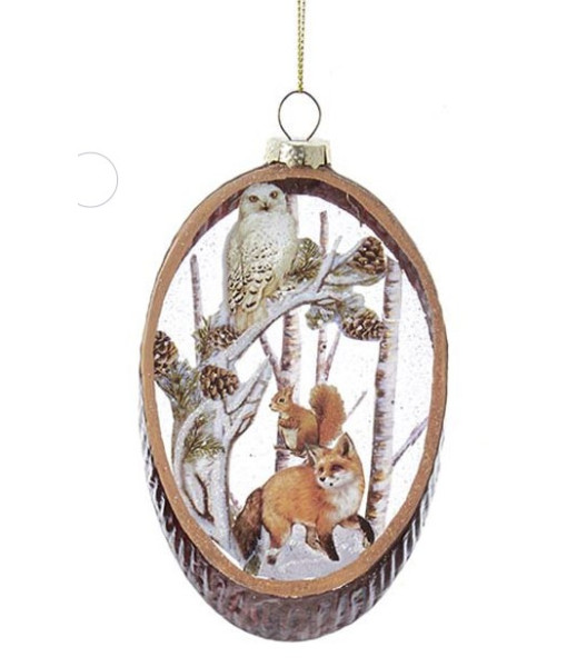 Glass Oval Ornament with Fox and Owl