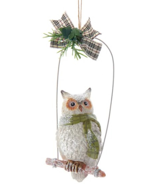 Ornament, owl on perch with green scarf.