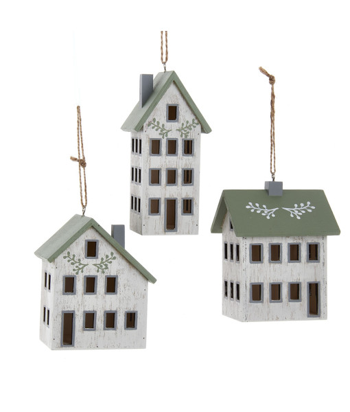 Ornament, wooden house, ivory and sage colours.