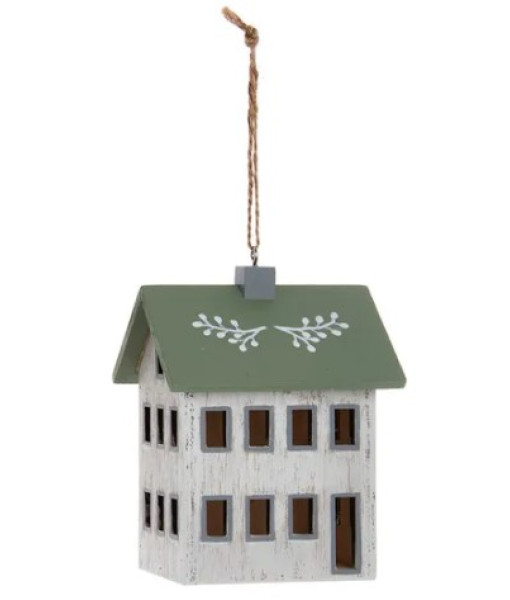 Ornament, wooden house, ivory and sage colours.