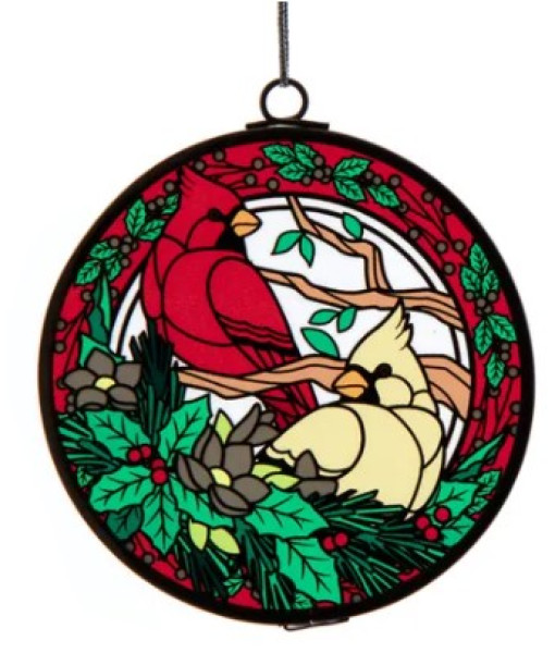 Stained glass ornament, Cardinal and tan bird