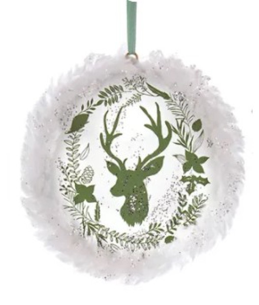 Ornament, disc shape, featuring deer head and fur trimming