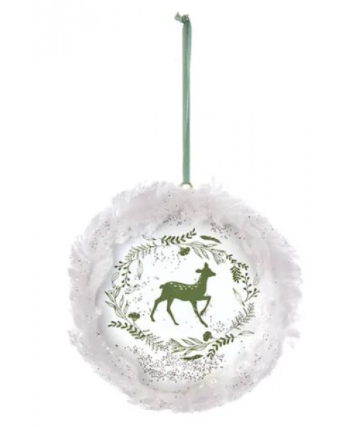 Ornament, disc shape, with deer motif and fur trim