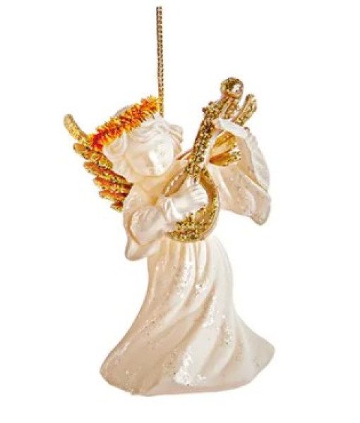 White and Gold Angel with Mandolin Ornament