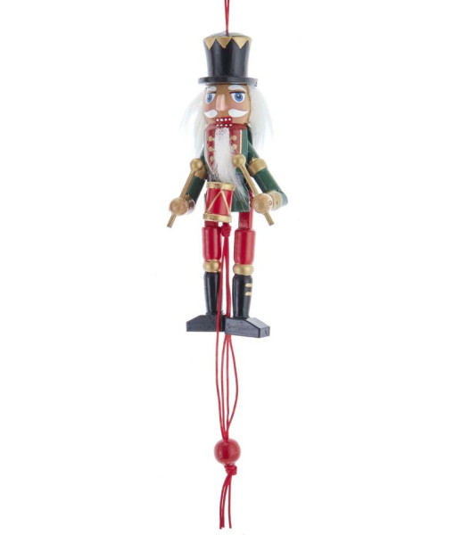 Green Nutcracker with Drum Pull Puppet Ornament