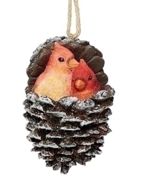 Cône de pin avec une paire de Cardinals, Ornement