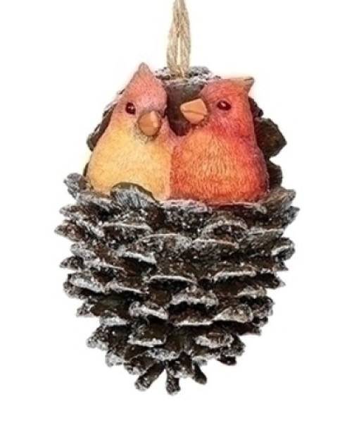 Cône de pin avec une paire de Cardinals, Ornement