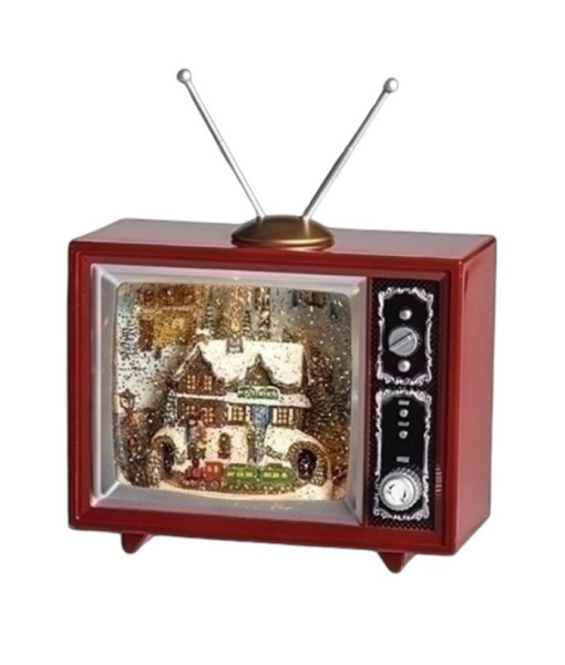 Table piece, musical TV box, measures 6.5 inches, with train station