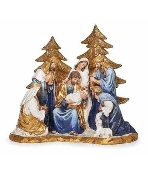 One Piece Nativity Scene with Gold Pine Trees