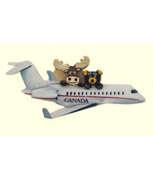 Ornament, 'Canada' airplane with traveling moose and bear. Made of wood.