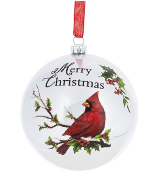 Ornament, Glass Ball, Cardinal perched on Holly Branch