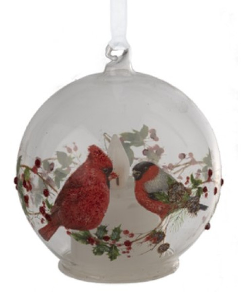 Ornament, Glass ball, illuminated by LED, Cardinal on Holly design