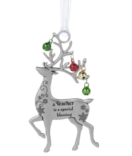 Zinc Reindeer ornament, with message for teachers